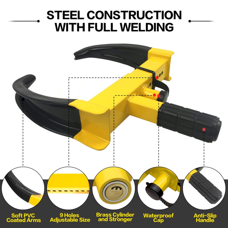 KAYCENTOP Universal Wheel Lock, Security Trailer Wheel Lock Anti Theft Tire Lock, Heavy Duty Wheel Clamp Adjustable for Trailers SUV Golf Cart Boats ATV Great Deterrent Bright Yellow/Black, 3 Keys - Image 2